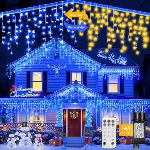 Rideau Lumineux Extérieur 5M 216 LED avec télécommande, Guirlande Lumineuse Noel IP44 étanche 11 Modes Lumières de glaçons lumières de fées de Noël avec 5m câble pour Balcon (Bleu & Blanc Chaud) - Neuf