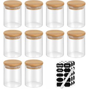 Mevronisshop-Efuturetime Lot De 10 Bocaux En Verre De 200ml, 8.8*6.5*6.5cm, Pot &Agrave; &Eacute;pice Herm&eacute;tique Avec Couvercle En Bambou, Bo&icirc;te Rangement Cuisine Avec &Eacute;tiquette, Bocal De Conservation Pour C&eacute;r&eacute;ale - Neuf