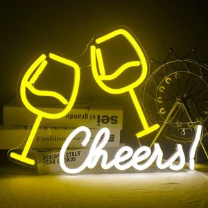 Double Wine Glass Neon Sign With Cheers, Cheers Words Neon Light, Light Up Signs For Bar Game Room Wall Decor Wedding Home Party (Yellow White) - Neuf