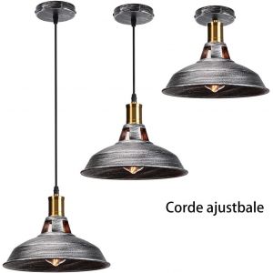3Pcs Suspension Luminaire Vintage M&eacute;tal 27Cm,Lustre Plafonnier Industriel Lampes Led E27 Corde Ajustable Pour Salon Cuisine Restaurant Salle &Agrave; Manger Chambre (Argent&eacute;) - Neuf