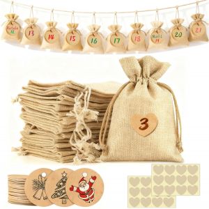 JEXNOVASHOP-Calendrier de Avent Vide a Remplir 2025, Sachets en Jute, 24 Pcs Sacs Cadeau avec Cordon, Pochettes Sachets en Lin avec Autocollants en Forme de C?ur &Eacute;tiquettes - Neuf