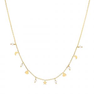 Collier Argent Dor&eacute; Pampilles Lune Coeur Et Pierre Blanche - Neuf