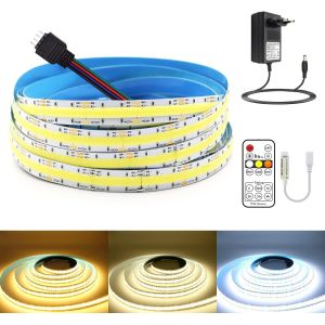 Bande Led Cob 24 V Cct Blanc 2700 K-6500 K 5 M Intensit&eacute; Variable Ip20 Avec Bloc D'Alimentation Et Contr&ocirc;leur Rf Pour Sous Armoire, Chambre &Agrave; Coucher, Cuisine, Maison, &Eacute;clairage Tv Diy - Neuf
