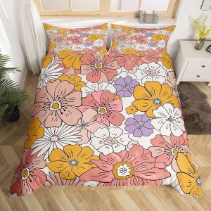 Sjzg-Groovy Fleurs Ensemble De Literie 60s 70s 80s Fleurs Rose Violet Jaune Housse De Couette 220x240cm Vintage Fleurs Boh&egrave;me Parure De Lit Enfants Gar&ccedil;ons Filles., Microfibre - Neuf