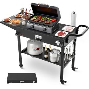 Ulteronixshop-Desserte de Jardin pour Plancha Pliable, Chariot de Barbecue Plan de Travail 78,7x43,2 cm, pour Pr&eacute;paration de Cuisine BBQ Ext&eacute;rieur, avec Porte-essuie-Tout, Crochets et Tablette Lat&eacute;ra - Neuf