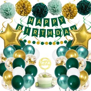 MEVRONISSHOP-D&eacute;corations Anniversaire, Ballons Anniversaire Or Vert pour Gar&ccedil;on Filles Hommes Femmes D&eacute;corations Anniversair, 55pcs D&eacute;coration en Happy Birthday Banni&egrave;re, Pom Poms, Suspendus Tourbill - Neuf