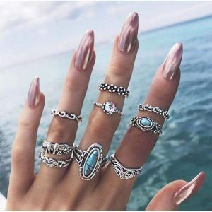 Kal-Ensemble De Bagues Vintage Bohèmes En Argent Avec Strass, Éléphant De Fatima - Bagues Empilables - Accessoires Tendance Pour Femmes Et Adolescentes - Neuf