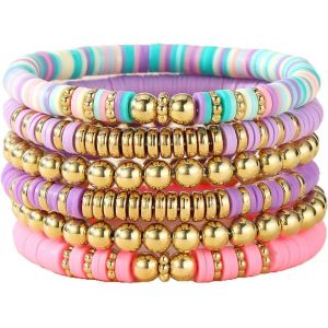 Tianyi-Lot De 6 Boho Bracelets Empilables En Perles, Bracelets De Surfeur &Eacute;lastiques En Argile Color&eacute; Stretch Bangles Cha&icirc;nes De Poignet En Plastique Vintage Adjustable Pour Femme Et Fille, Multicolo - Neuf