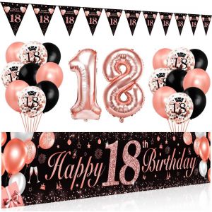 CAUC-Decoration Anniversaire 18 Or Rose Noir,Ballons 18 Ans Or Rose Noir,Banderole Joyeux Anniversaire 18. Triangle Banni&egrave;re,Deco Anniversaire Toile Affiche Fond Photo pour 18 Ans Femme - Neuf