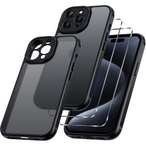 TRAHOO-3 en 1 Coque Mat pour iPhone 15 Pro 6,1 Pouces, avec 2 Verre Tremp&eacute; Protection &eacute;cran, Etui Translucide Givr&eacute;e Arri&egrave;re Housse Antichoc Case, Cover Anti-Empreintes Digitales, Noir - Neuf