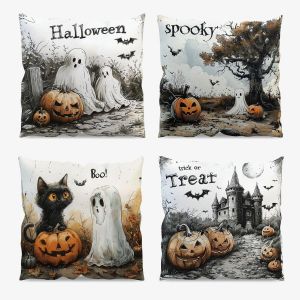 Trahoo-Lot De 4 Housses De Coussin D'halloween 45 X 45 Cm, Citrouille, Fant&ocirc;me, Chat, Chauve-Souris, Ch&acirc;teau, Trucs Ou Friandises, Housses De Coussin En Lin Pour Maison, Canap&eacute;, Salon, Bureau, - Neuf