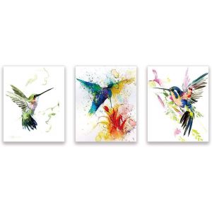 Eryi-Lot De 3 Abstrait Affiche Aquarelle Oiseau¿Colibri Et Fleurs Impressions D'art¿Colorés Animaux ¿Moderne Toile Mur Peinture Décor Pour Chambre Salon Salle De Bains¿Sans Cadre,20*25cm - Neuf