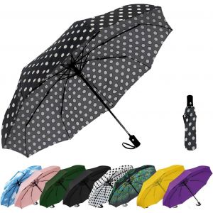 Parapluie De Voyage Compact Coupe-Vent - Parapluie Automatique Pour La Pluie - Petit Parapluie Portable Coupe-Vent Pour Homme, Femme, Adolescent (Pois Blancs) - Neuf