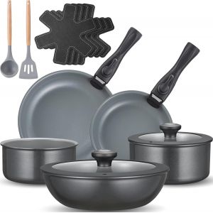 Subzonal-Batterie De Cuisine 17 Pi&egrave;ces, Po&ecirc;les Et Casseroles Avec Poign&eacute;e Amovible, Design Empilable, Set De Casseroles Tout Feux, Passe Au Four, Pour Le Camping, Non Toxique, Sans Ptfe, Sans Pfoa - Neuf