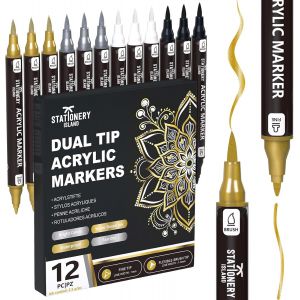 Mevronisshop-Feutres Acryliques M&eacute;talliques &iquest; 12 Stylos Or, Argent, Blanc Et Noir &iquest; Marqueurs Acryliques &Agrave; Double Pointe Fine Et Pinceau &Agrave; Base D&iquest;Eau Pour Pierre, Verre, Bois, M&eacute;tal Et C&eacute;ramique - Neuf