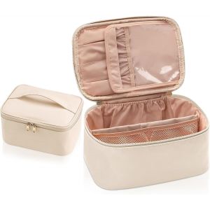 KALANKA-Trousse de Toilette Femme Voyage, Sac de Makeup Grande Capacité, Étanche Portable Trousse Toilette avec Poignée et Séparateur, Toilette Accessoires Sac Cosmétique Organisateur, Beige - Neuf