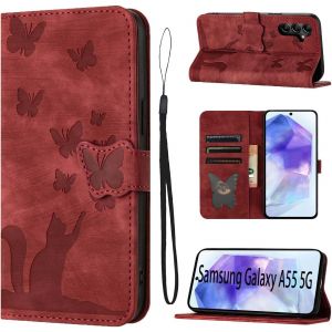acdsgd-Housse Protection pour Samsung Galaxy A55 Mat&eacute;riau en Cuir PU Coque Samsung A55 5G avec Fentes pour Cartes &Eacute;tui Motif Papillon Chat Coque Samsung A55 Rouge - Neuf