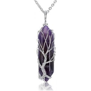 Collier En Améthyste Naturelle, Pendentif En Fil De Fer Argenté, Forme Hexagonale, Idéal Pour La Fête Des Mères. - Neuf