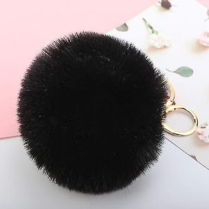 Porte-Clés Fluffy Fausse Fourrure Boule Avec Porte-Clés Plaqué Or (Noir) - Neuf