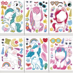 24 Autocollants Licorne DIY à Composer pour Enfants, Set Cadeau de Sachets Surprise Licorne pour Filles et Garçons, Feuilles d`Autocollants Licorne pour Anniversaire, Décorations de Fête - Neuf