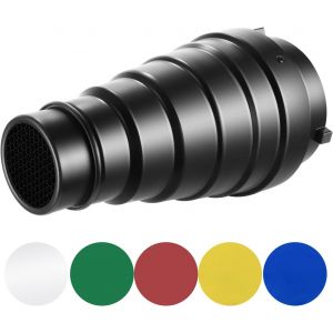 NEEWER Kit de Snoot Conique en Alliage d&#39;Aluminium Moyen avec Grille en Nid d&#39;abeille et 5 Pièces Filtres de Gel de Couleur pour Studio Strobe Monolight Photographie Flash à Bowens Monture (22cm) - Neuf