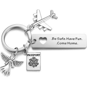 Kal-Porte-Clés Voyage Avion Ange Gardien Be Safe Have Fun Come Home Cadeau Couple Amoureux Amitié Pendentif Voiture Acier Inoxydable Saint Valentin Anniversaire Noël Femme Homme Famille - Neuf
