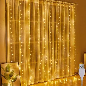 TRAHOO-Rideau lumineux 2 x 2 m, rideau lumineux int&eacute;rieur, 200 LED, rideau lumineux USB &agrave; suspendre, blanc chaud, pour No&euml;l, f&ecirc;te de mariage, d&eacute;coration murale de chambre &agrave; coucher - Neuf