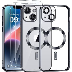 Eryi-Coque Magnétique Pour Iphone 14 Avec 2 Pièces Verre Trempé, Compatible Avec Magsafe, Protection Militaire, Résistante Aux Rayures, Résistante Aux Chocs, Mince Et Transparente, Noir - Neuf