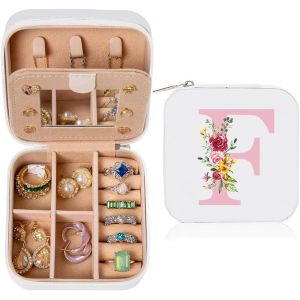 Trahoo-Bo&icirc;te &Agrave; Bijoux Avec Initiales F Petit Boite A Bijoux Portable Bo&icirc;te &Agrave; Bijoux De Voyage Avec Miroir Cuir Pu Boite Rangement Bijoux Pour Femmes Filles Cadeau Personnalis&eacute; Pour Anniversaire No&euml;l, - Neuf