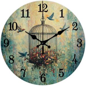 Horloge Murale Vintage En Forme De Cage &Agrave; Oiseaux 12(5) Cm Motif Fleurs Fonctionne &Agrave; Piles Silencieuse Sans Tic Tac Ronde D&eacute;corative Pour La Maison Ou Le Bureau - Neuf