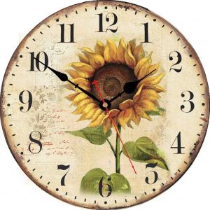 Horloge murale décorative de style vintage à fleurs, horloge murale ronde en bois à fleurs, 14 pouces, tournesol - Neuf