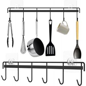 SJZG-Porte Ustensiles Cuisine,2 Pi&egrave;ces Crochets De Cuisine Auto-Adh&eacute;sif Support Ustensiles Cuisine Avec 6 Crochets Barre De Cuisine Support D'Ustensile De Cuisine Pour Cuisine,Salle De Bain,Salon - Neuf