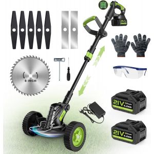 MEVRONISSHOP-Tondeuse &agrave; gazon avec batterie, Gisam 8"" D&eacute;broussailleuse sans balais avec 2x4.0AH de batterie, Coupe-bordure de jardin avec 3 types de lames, Roues amovibles, R&eacute;glage t&eacute;lescopique pour - Neuf