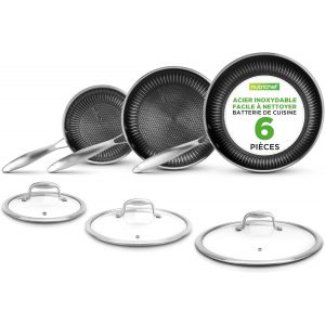 Subzonal-Nutrichef Set De Po&ecirc;les Inox Tri-Ply 6 Pi&egrave;ces &iquest; 3 Po&ecirc;les (20, 26 Et 30 Cm) + 3 Couvercles, Rev&ecirc;tement Antiadh&eacute;sif, Tous Feux Dont Induction, Compatible Four, Lavable Lave-Vaisselle - Neuf
