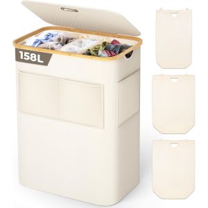 CHECARZHN--NO1-Panier À Linge 3 Compartiments Avec Couvercle 158L Corbeille A Linge Pliable En Tissu Oxford 600D Avec Sac À Linge Amovible, Poche Avant En Filet, Bac A Linge Laundry Baskets, Beige - Neuf