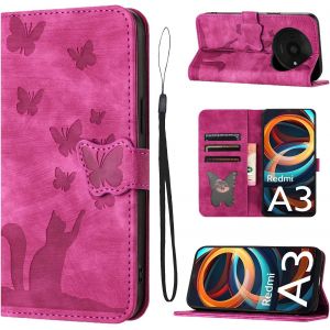 Sansh-Housse Protection Pour Xiaomi Redmi A3 6.71 Pouces Matériau En Cuir Pu Coque Xiaomi Redmi A3 Avec Fentes Pour Cartes Étui Motif Papillon Chat Rose - Neuf