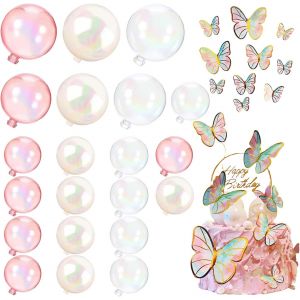 Lot De 24 Boules De Décoration De Gâteau D'anniversaire Boule Colorée Transparente+10 Décorations De Gâteau Papillon+1 Carte D'anniversaire Ronde Pour La Décoration De Gâteau Diy - Neuf