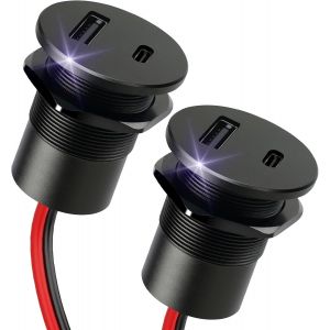 JGD-Prise USB en aluminium 12 V 38 W, double port 18 W QC3.0 USB-A 20 W PD3.0 USB-C pour camping-car, caravane, remorque, camion, voiture, yacht, bateau (38 W x 2) - Neuf