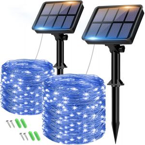 KAL-Guirlande Solaire Exterieur, 2X8M 80Led Guirlande Lumineuse Exterieure Solaire Étanche 8 Modes, Guirlande Extérieure Solaire Décoration Pour Jardin Terrasse Cour Maison Noël Mariage Fête (Bleu) - Neuf