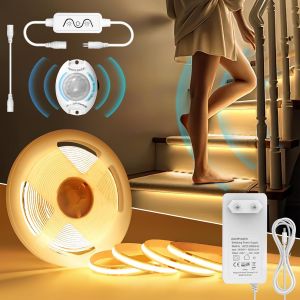 Ruban Led Cob 3m Avec Détecteur De Mouvement,Bande Led Blanc Chaud Dimmable 3000k,Bandeau Lumineuse Led Autocollant Etanchte Ip44,Ruban Led Avec Alimentation Pour Armoires,Cuisines,Diy,Escaliers - Neuf