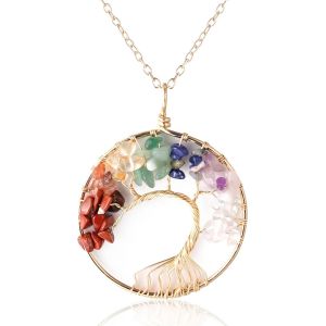 Kal-Women's Crystals And Healing Stones Necklace Gold/Platinum Plated Brass Wire Natural Moonstone/Pink Quartz/Amethyst Quartz/Carnelian/Jade Handmade Winding Tree Of Life Pendant Chain 50cm - Neuf