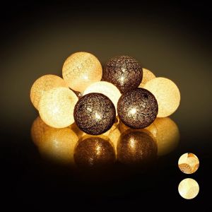 KAL-10024370_879 Guirlande Lumineuse Led, 10 Boules Coton, Fonction Piles, Lumières D¿Ambiance, Sphères Ø6 Cm, Blanc-Gris-Noir, Polystyrène, 160 Cm - Neuf
