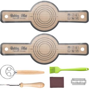 AYUHR-Lot de 2 tapis de cuisson réutilisables en silicone de 21 cm avec spatule et pinceau à pâtisserie avec longues poignées, accessoires de cuisson pour le pain pour le remplissage du levain pour f - Neuf