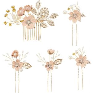 Kalvd-5 Tailles Épingle À Cheveux Fleur Mariage Rose Barrette De Mariée Feuille Florale Perle Strass Pince En Forme De U Décoratif Pour Femme Demoiselle D'honneur Bijoux Coiffure Style Accessoires - Neuf