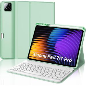 Coque Clavier pour Xiaomi Pad 7/7 Pro 11.2"" 2025, AZERTY Français Clavier Bluetooth Magnétique Détachable avec Fente pour Stylo pour Tablette Xiaomi Pad 7/7 Pro 11.2"", Vert Clair - Neuf
