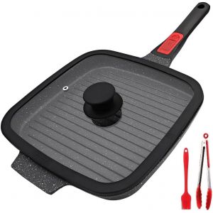 JEXNOVASHOP-Po&ecirc;le Grill avec Poign&eacute;e Amovible, 26 x 24 cm Po&ecirc;le &agrave; Griller avec Couvercle en Aluminium Antiadh&eacute;sive Compatible Tous feux dont Induction - Noir - Neuf