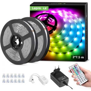 Ruban &Agrave; Led 15m Rgb Multicolores Led Strip Avec T&eacute;l&eacute;commande D&eacute;coration D'armoire Pour Maison Chambre Cuisine, D&eacute;coupable&iquest;Smd 5050 12v (2 * 7.5m) - Neuf