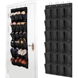 Étagère à chaussures suspendue 24 poches, rangement suspendu, au-dessus de la porte, armoire murale, grandes poches en filet noir pour chambre, salon, salle de bain - Neuf