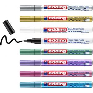 Edding 751 Marqueur Peinture Brillante - Noir Blanc Or Argent Bleu Vert Violet Rose (M&eacute;tallis&eacute;) - 8 Stylos - Pointe Ronde 1-2mm - Pour Dessin, Coloriage, Scrapbooking - &Eacute;tanche, Tr&egrave;s Opaque - Neuf