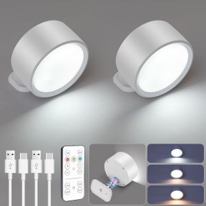 Subzonal-Applique Murale Interieur, 2 Pcs Lampe Murale Rotatifs 360&deg; Avec T&eacute;l&eacute;commande Et Tactile, Lampe Murale Led Rechargeable, 3 Couleur Et Luminosit&eacute; R&eacute;glable Et Minuterie, Lampe De Chevet Liseus - Neuf